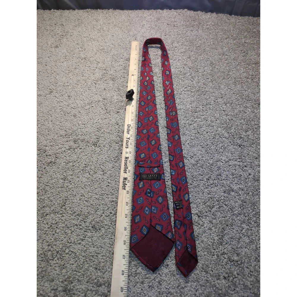 GUCCI Silk Tie Burgundy‎ Red Horse Bit Diamond Pattern Men's Made in Italy